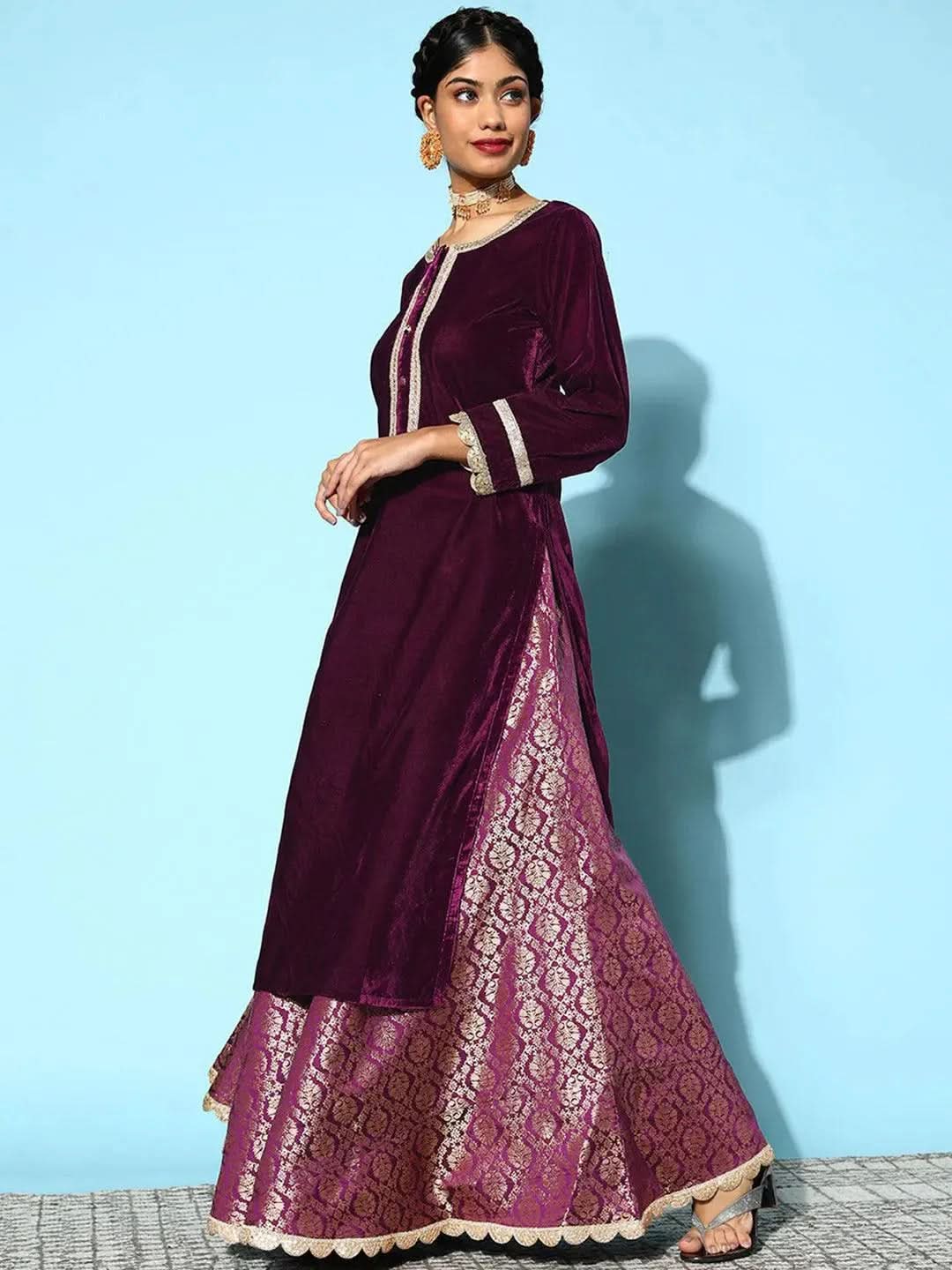 Purple Yoke Design Velvet Straight Kurta With Skirt & Dupatta
Purple Yoke Design Velvet Straight Kurta With Skirt & Dupatta
