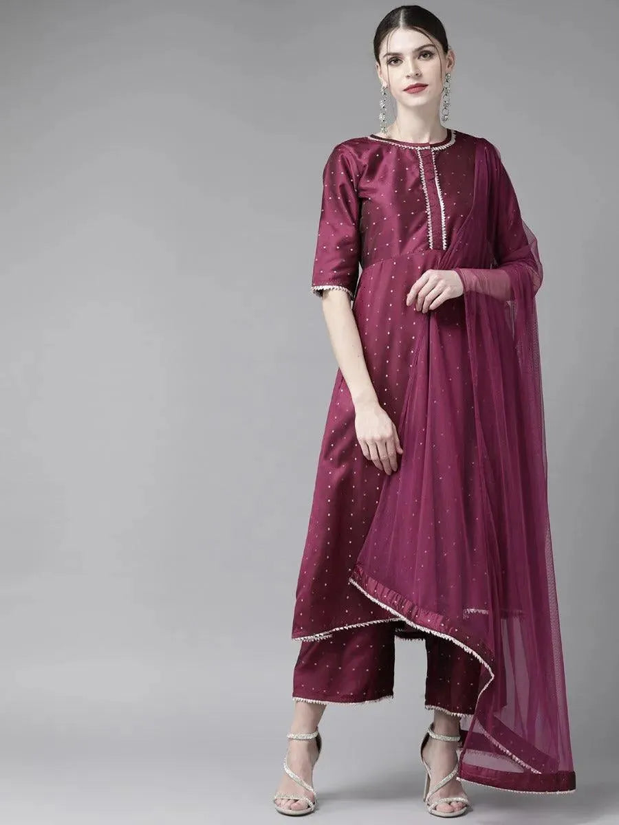 Purple Zari Work Silk Anarkali Kurta With Palazzos & Dupatta
Purple Zari Work Silk Anarkali Kurta With Palazzos & Dupatta