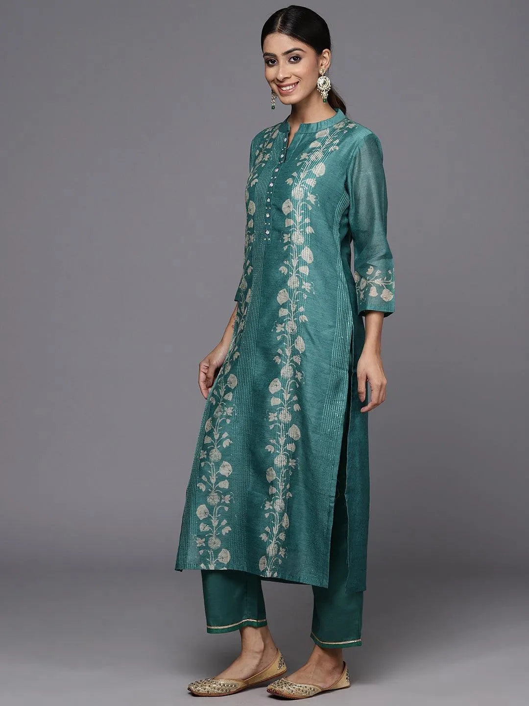 Rama Green Embroidered Chanderi Silk Straight Kurta With Trousers - Libas