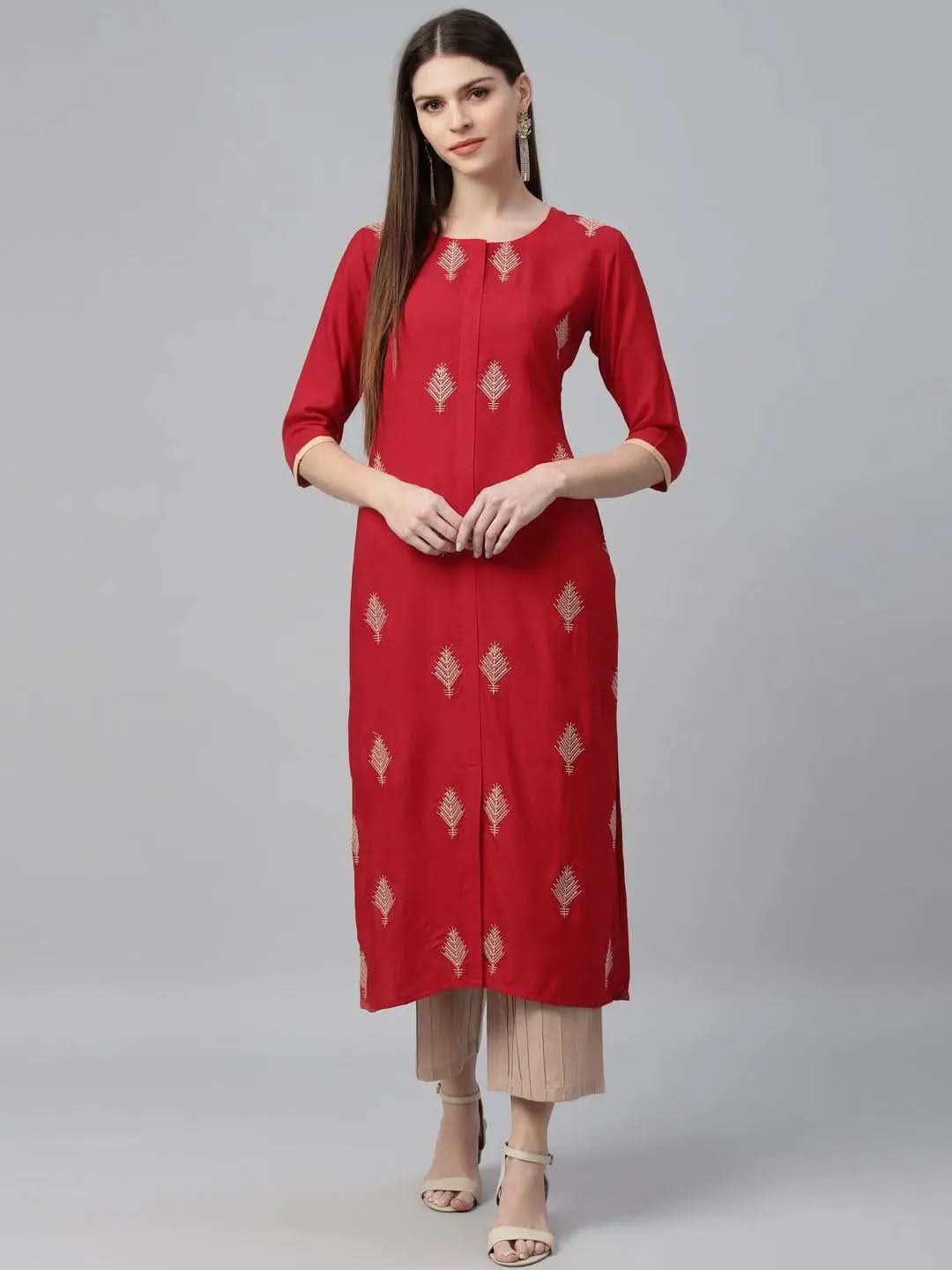 Red Embroidered Cotton Kurta - Libas