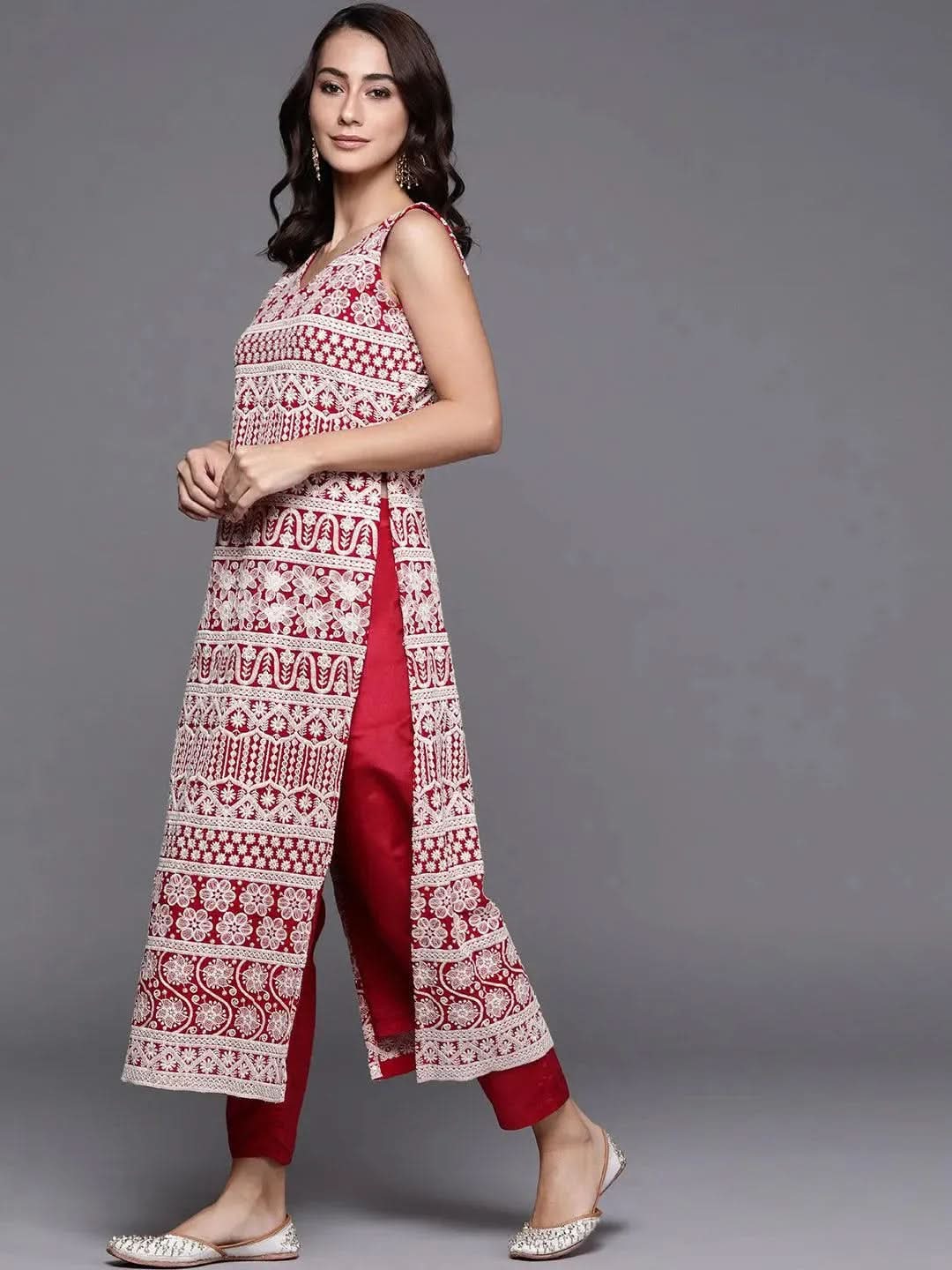 Red Embroidered Georgette Suit Set - Libas