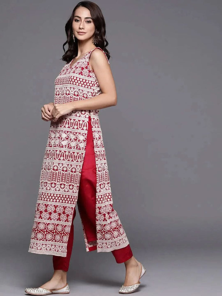 Red Embroidered Georgette Suit Set - Libas