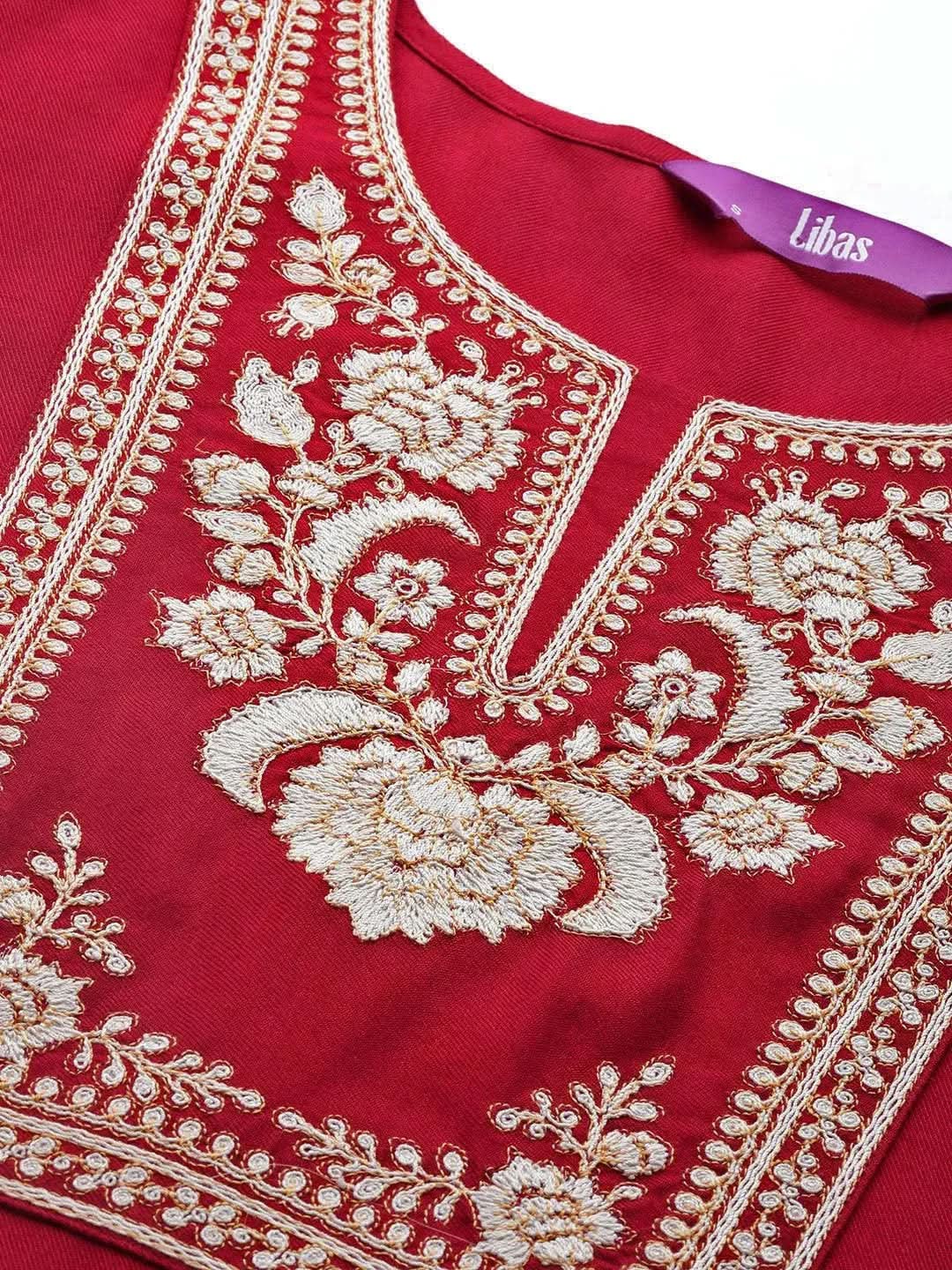Red Embroidered Pashmina Wool Straight Kurta - Libas