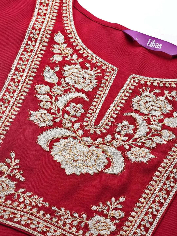 Red Embroidered Pashmina Wool Straight Kurta - Libas