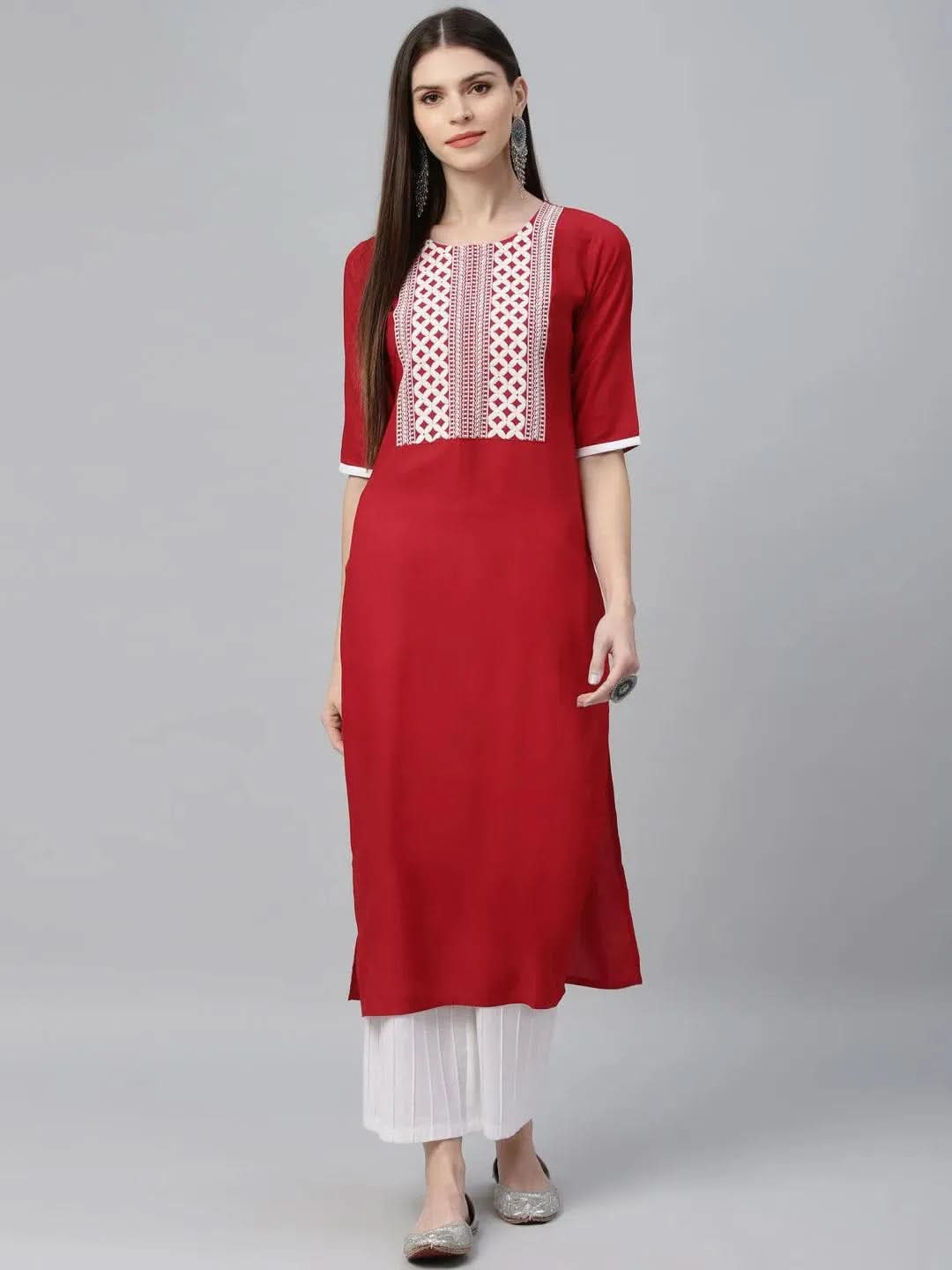 Red Embroidered Rayon Kurta - Libas