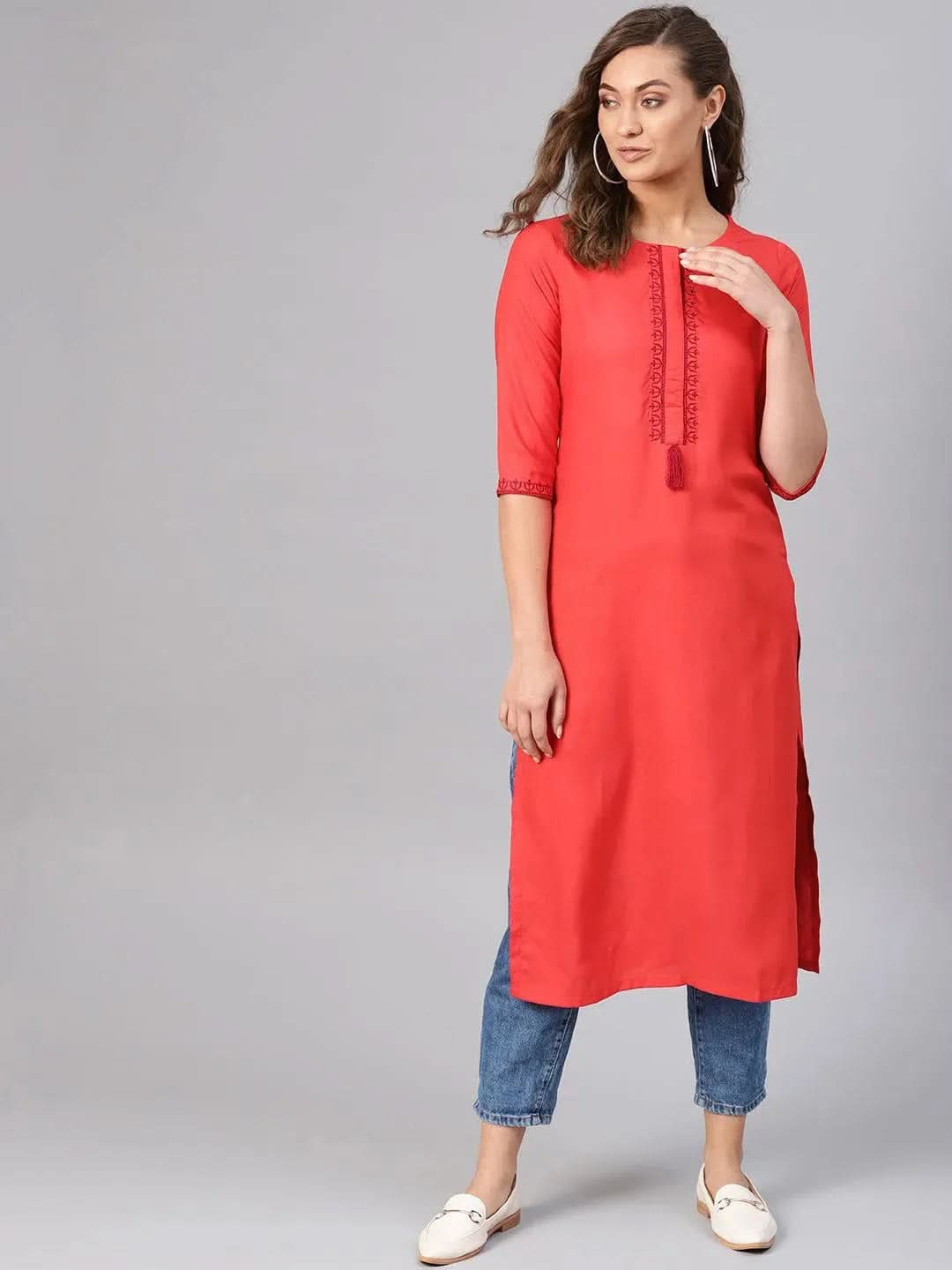 Red Embroidered Rayon Kurta - Libas