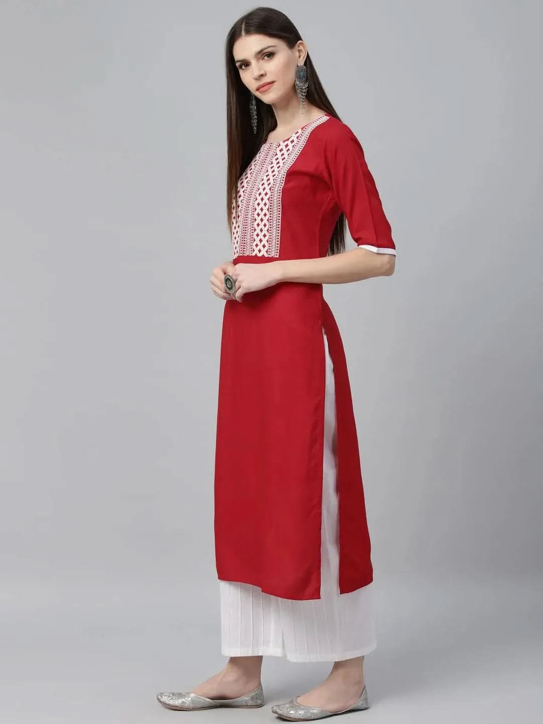 Red Embroidered Rayon Kurta - Libas