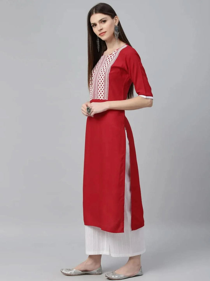 Red Embroidered Rayon Kurta - Libas