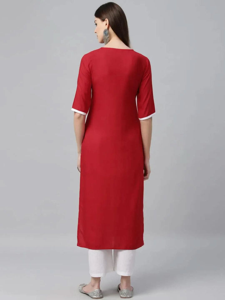 Red Embroidered Rayon Kurta - Libas