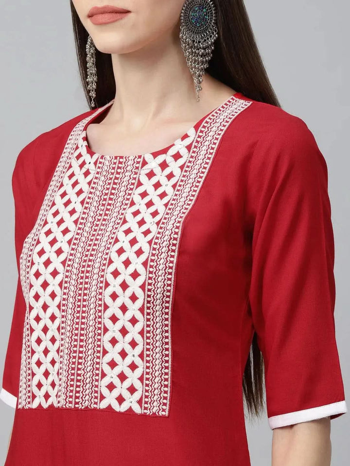Red Embroidered Rayon Kurta - Libas
