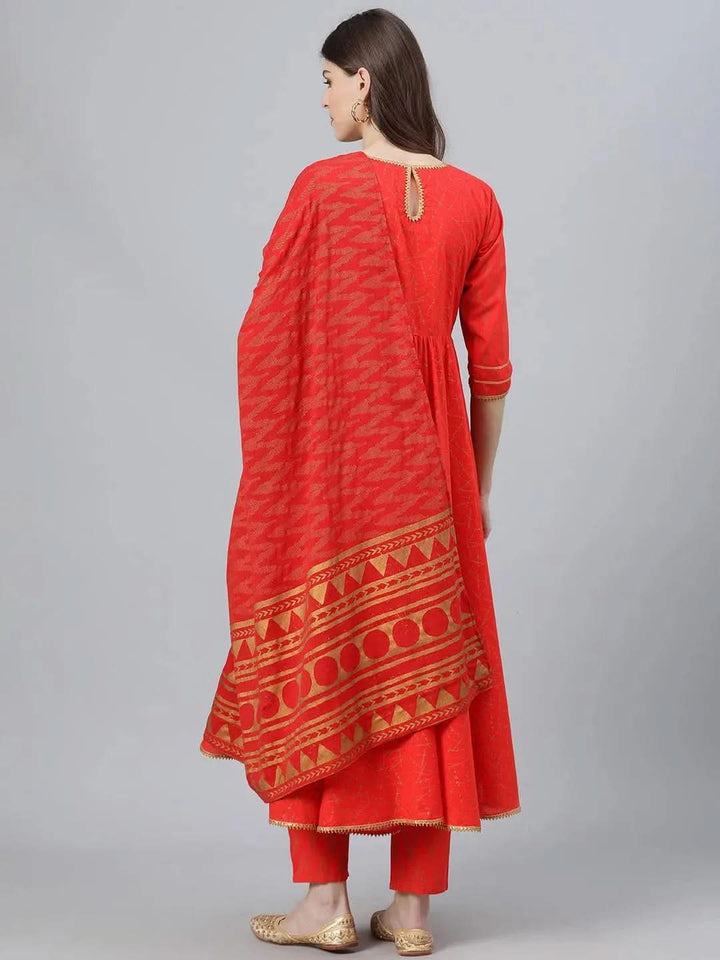 Red Printed Cotton Suit Set - Libas
