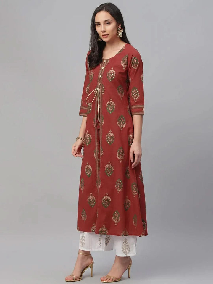 Red Printed Cotton Kurta - Libas