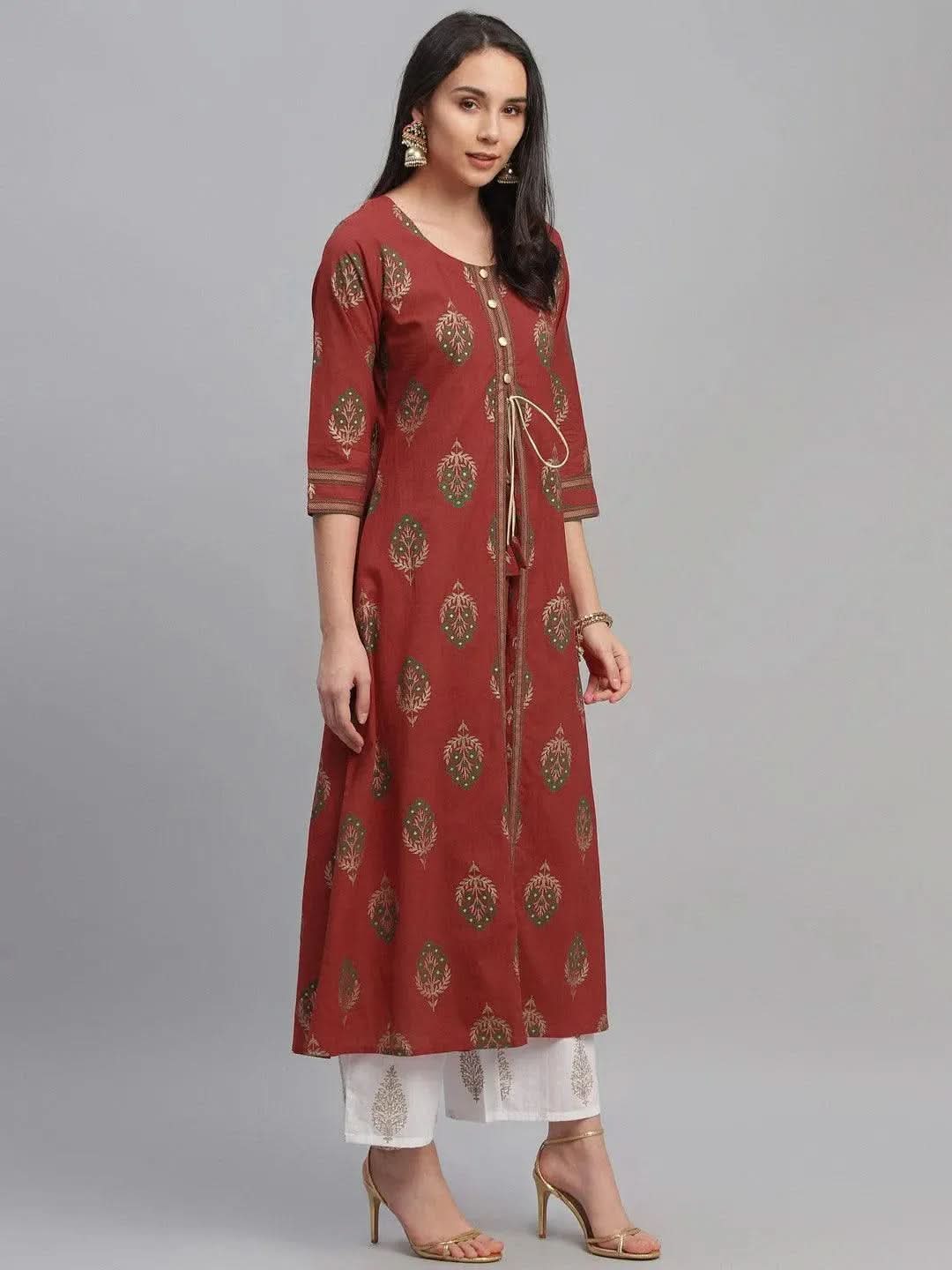 Red Printed Cotton Kurta - Libas