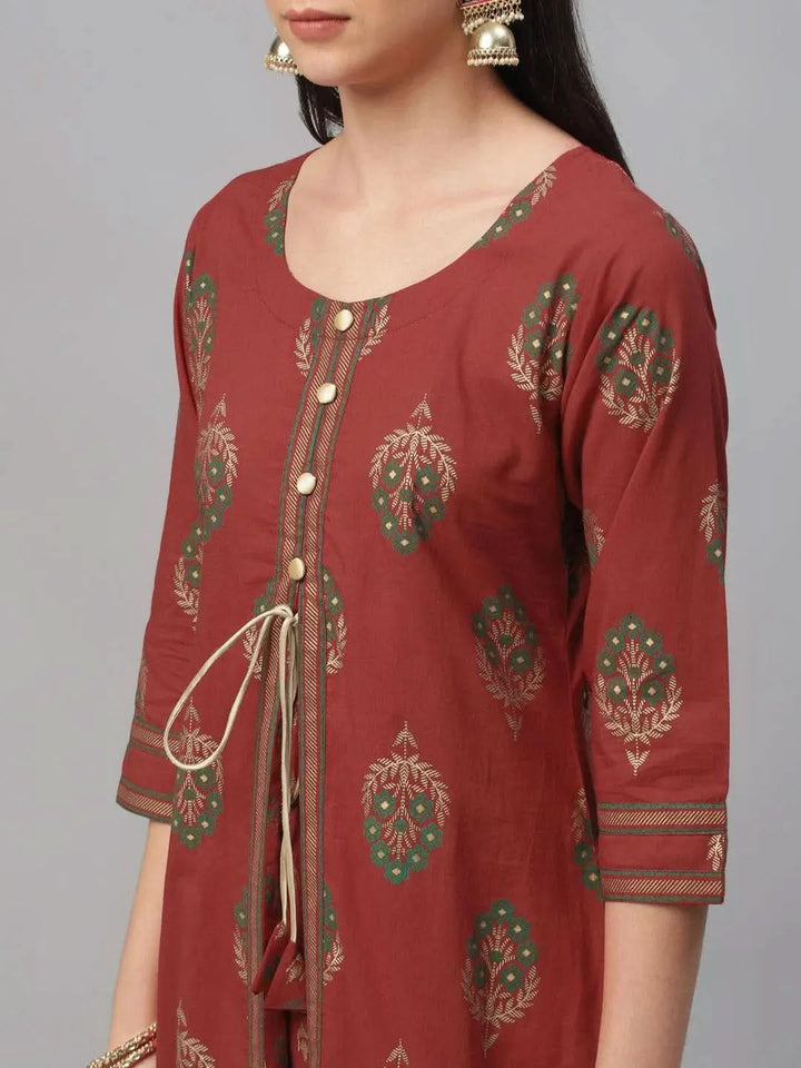 Red Printed Cotton Kurta - Libas