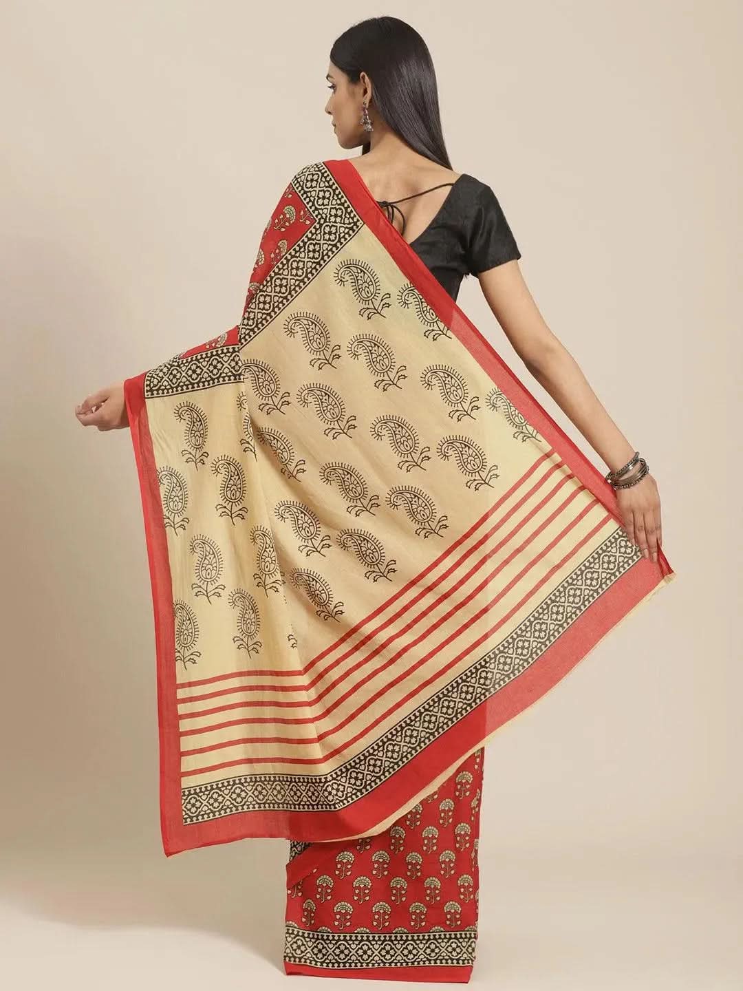 Red Printed Cotton Saree - Libas