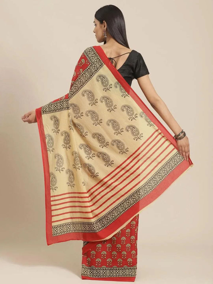 Red Printed Cotton Saree - Libas