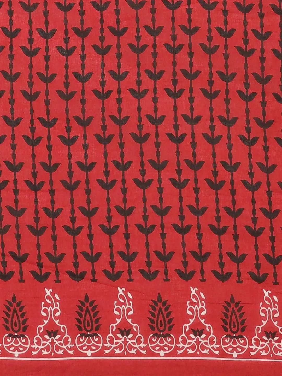 Red Printed Cotton Saree - Libas