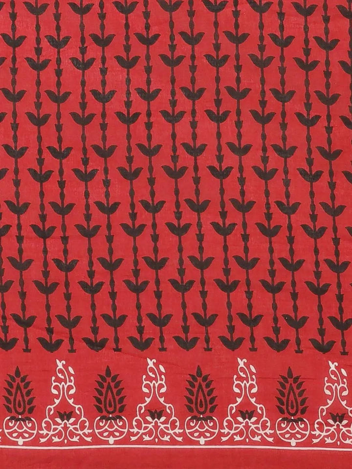 Red Printed Cotton Saree - Libas
