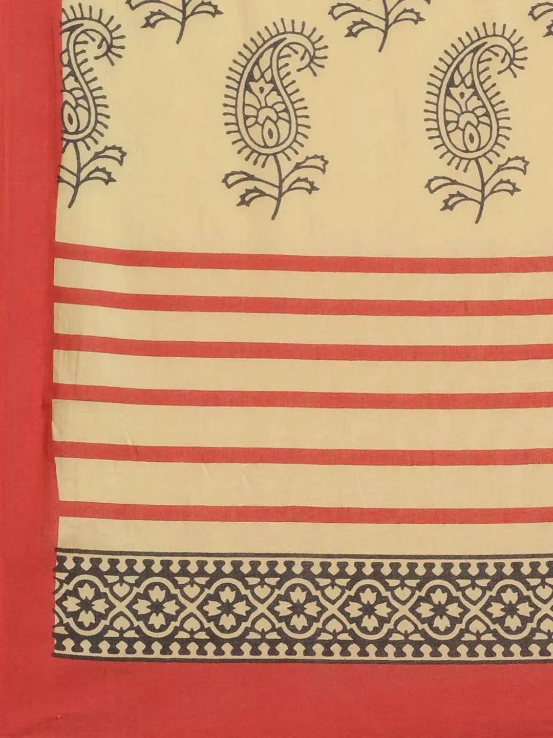 Red Printed Cotton Saree - Libas