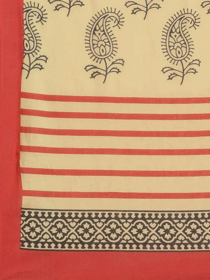 Red Printed Cotton Saree - Libas