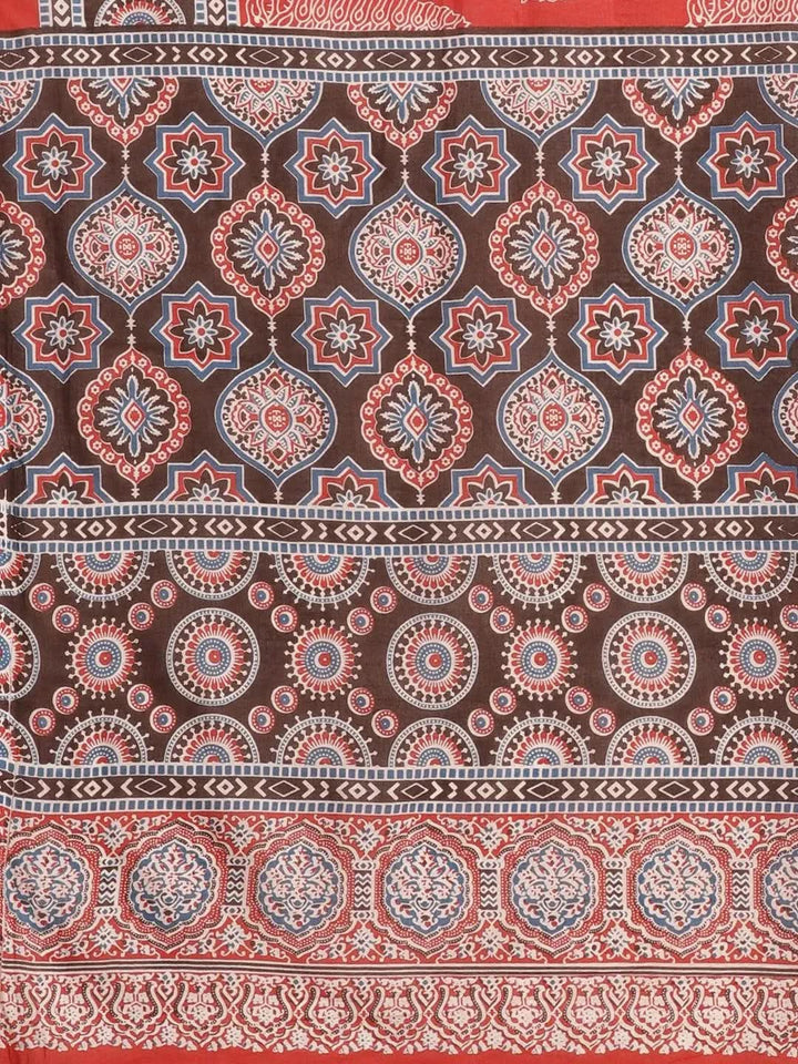 Red Printed Cotton Saree - Libas