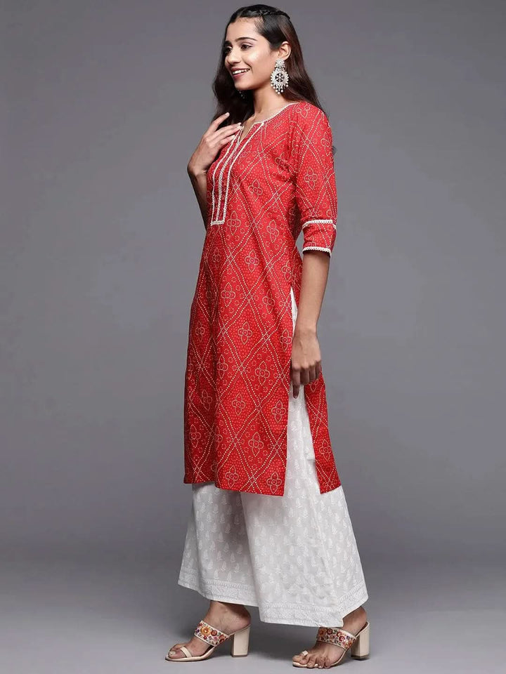Red Printed Cotton Straight Kurta - Libas