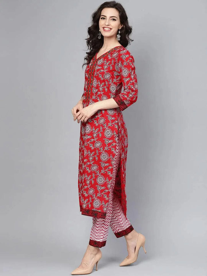 Red Printed Cotton Suit Set - Libas