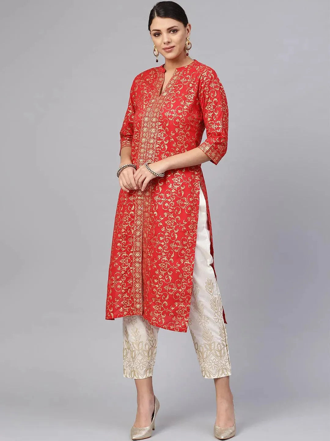 Red Printed Cotton Kurta Set - Libas