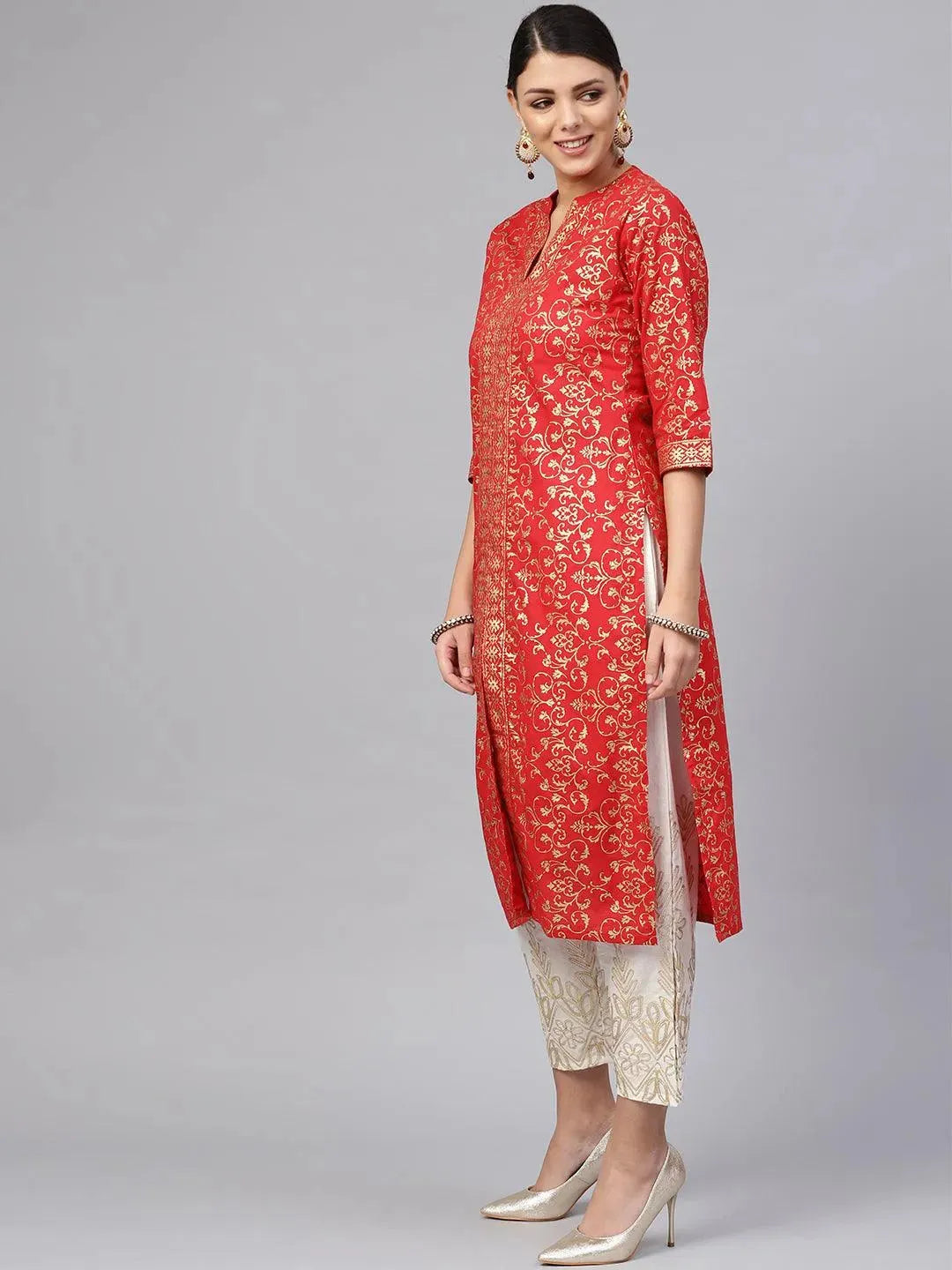 Red Printed Cotton Kurta Set - Libas