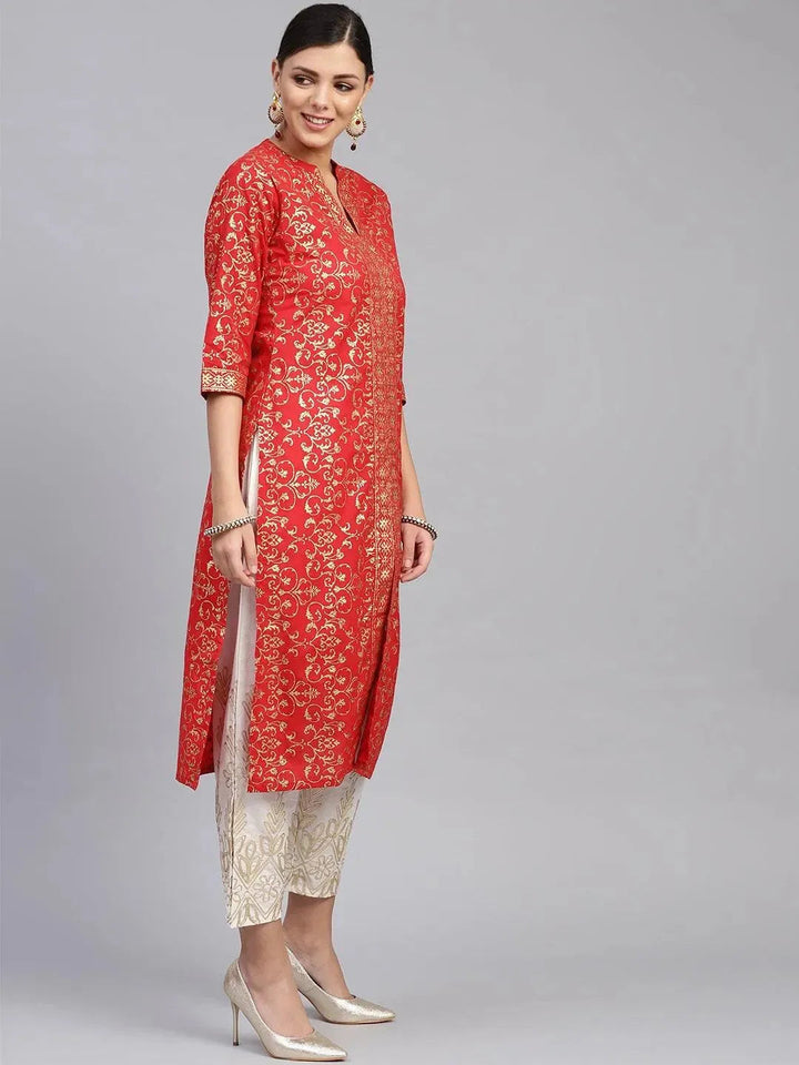 Red Printed Cotton Kurta Set - Libas