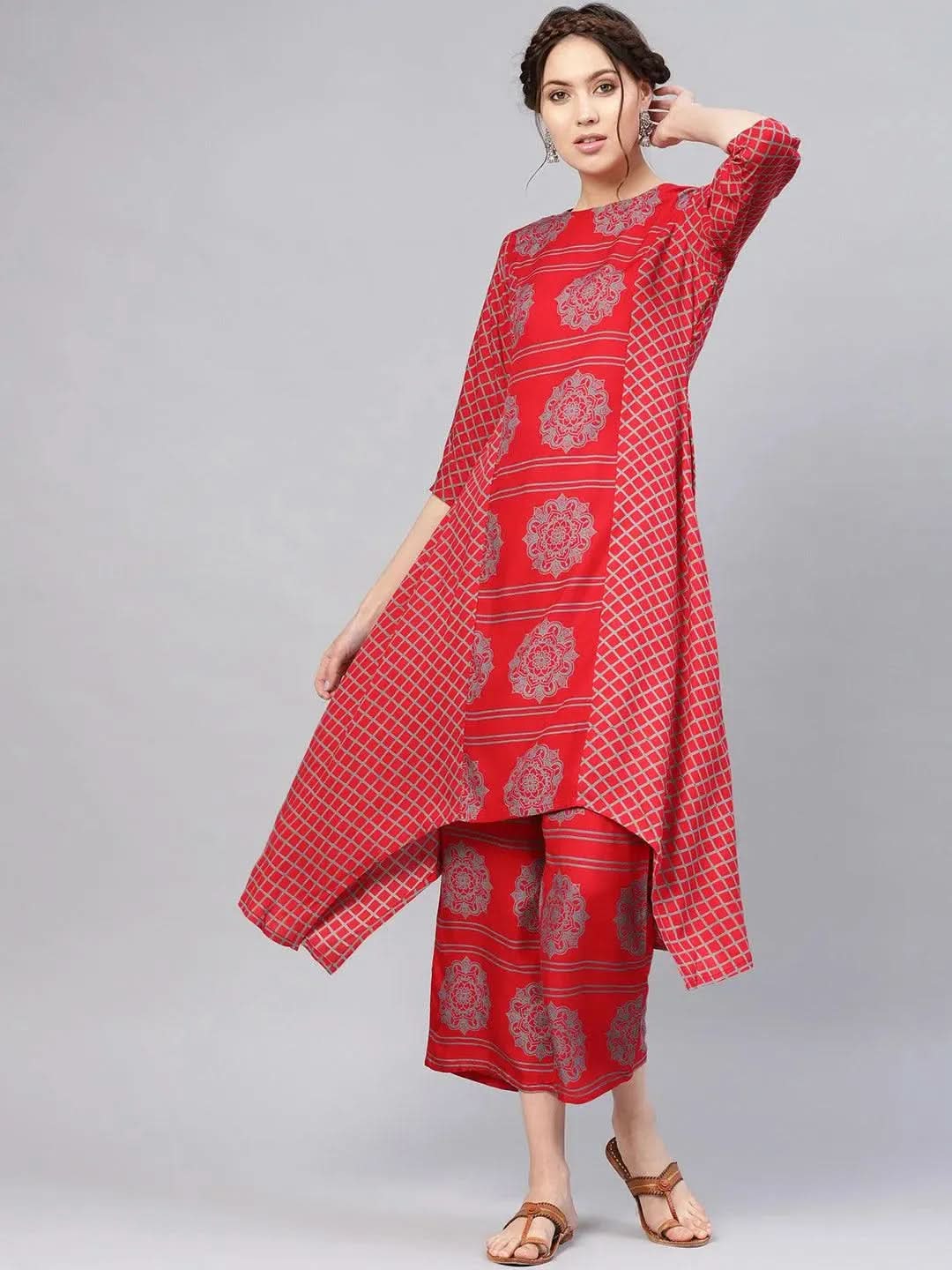 Red Printed Rayon Kurta Set - Libas