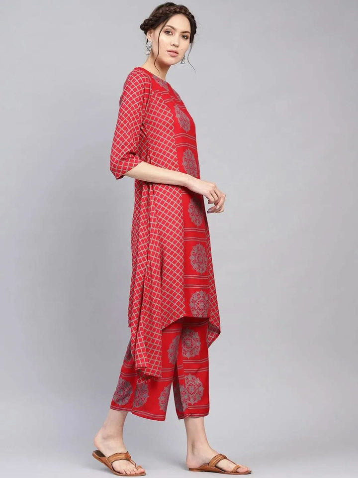 Red Printed Rayon Kurta Set - Libas