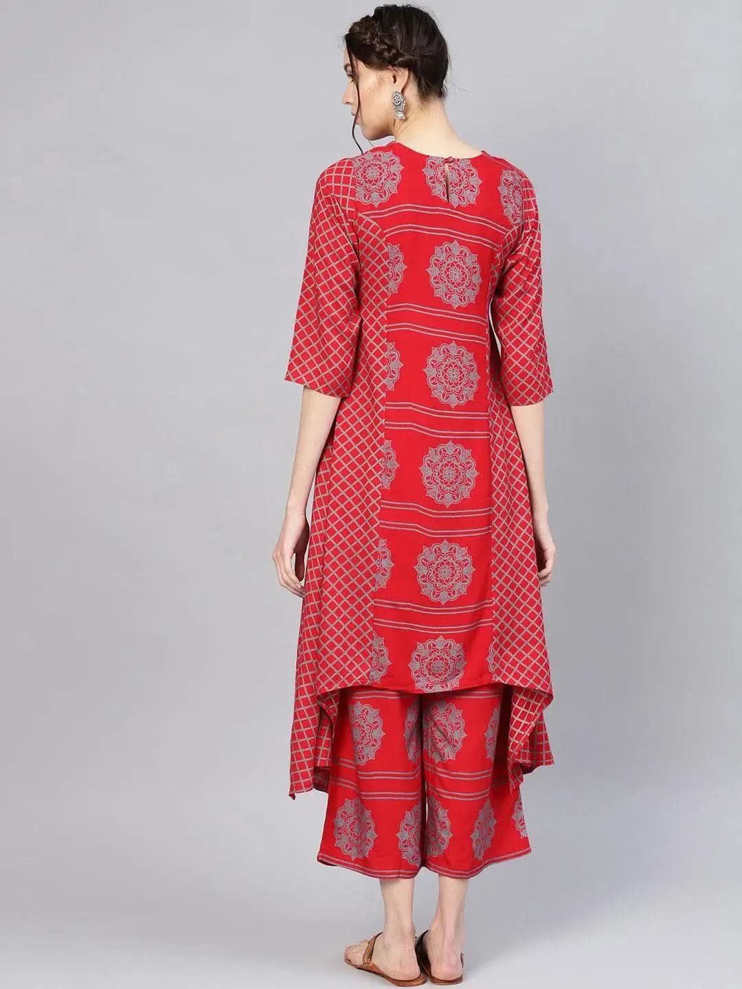 Red Printed Rayon Kurta Set - Libas