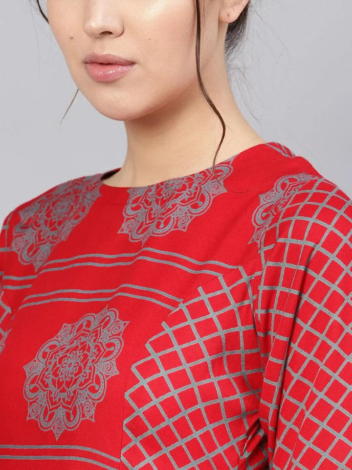 Red Printed Rayon Kurta Set - Libas