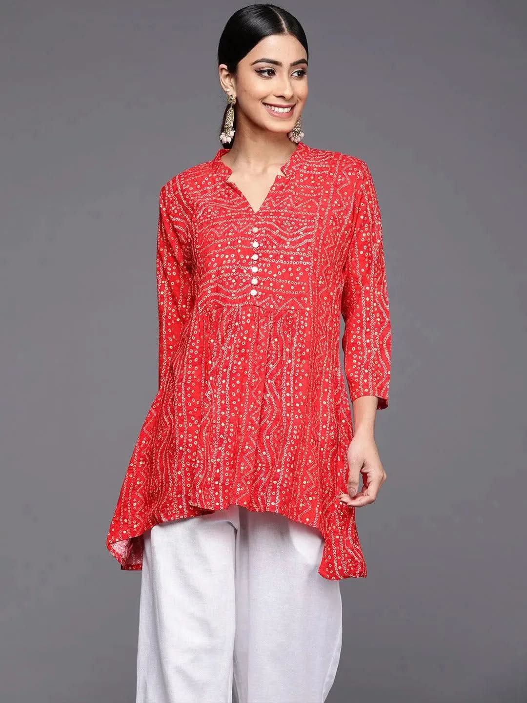 Red Printed Rayon A-Line Kurti - Libas
