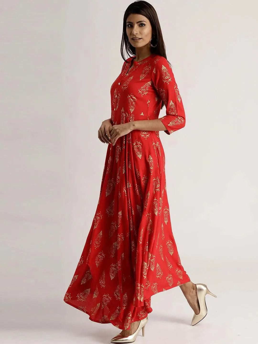 Red Printed Rayon Dress - Libas