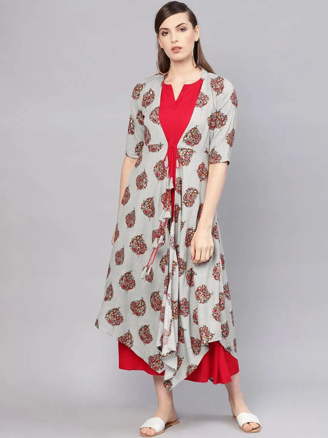 Red Printed Rayon Dress With Jacket - Libas