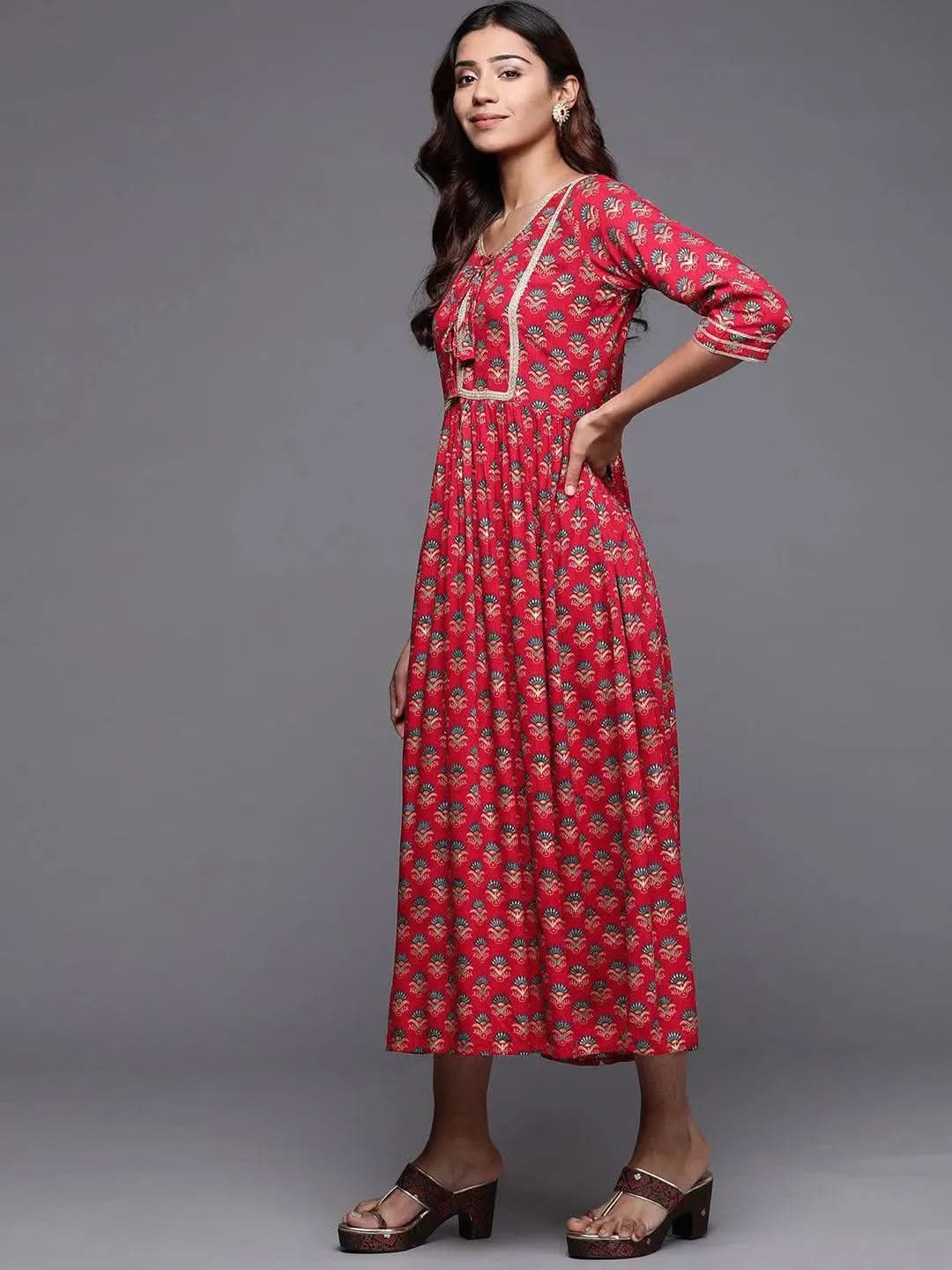 Red Printed Rayon Fit and Flare Dress - Libas