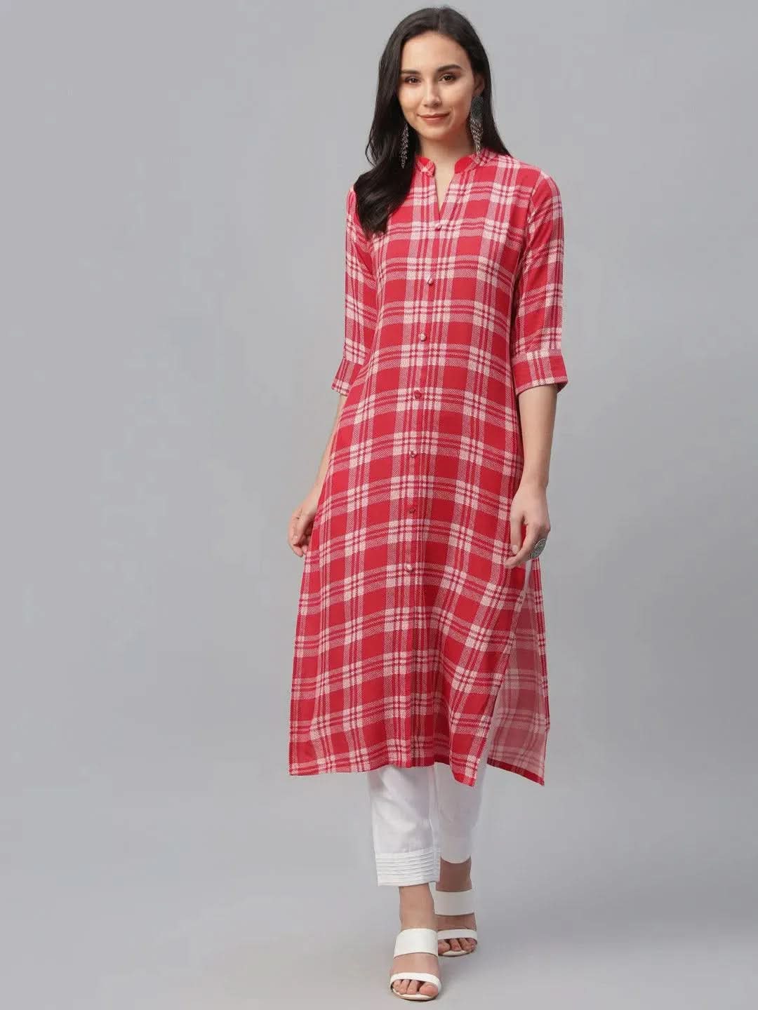 Red Printed Rayon Kurta - Libas
