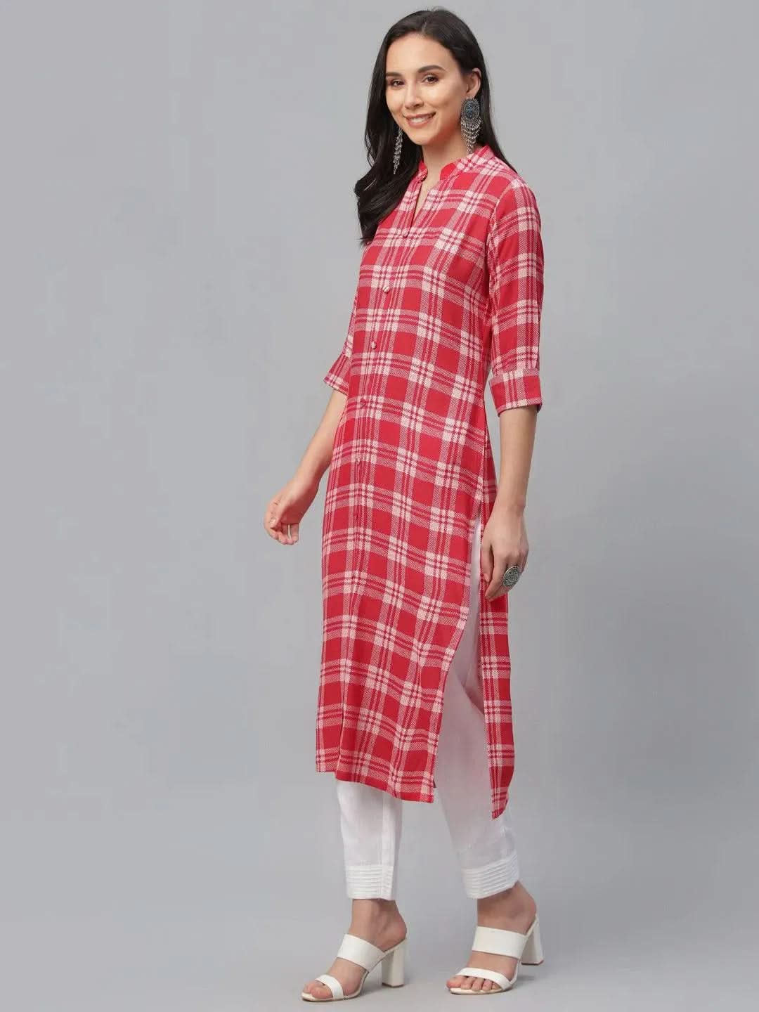 Red Printed Rayon Kurta - Libas