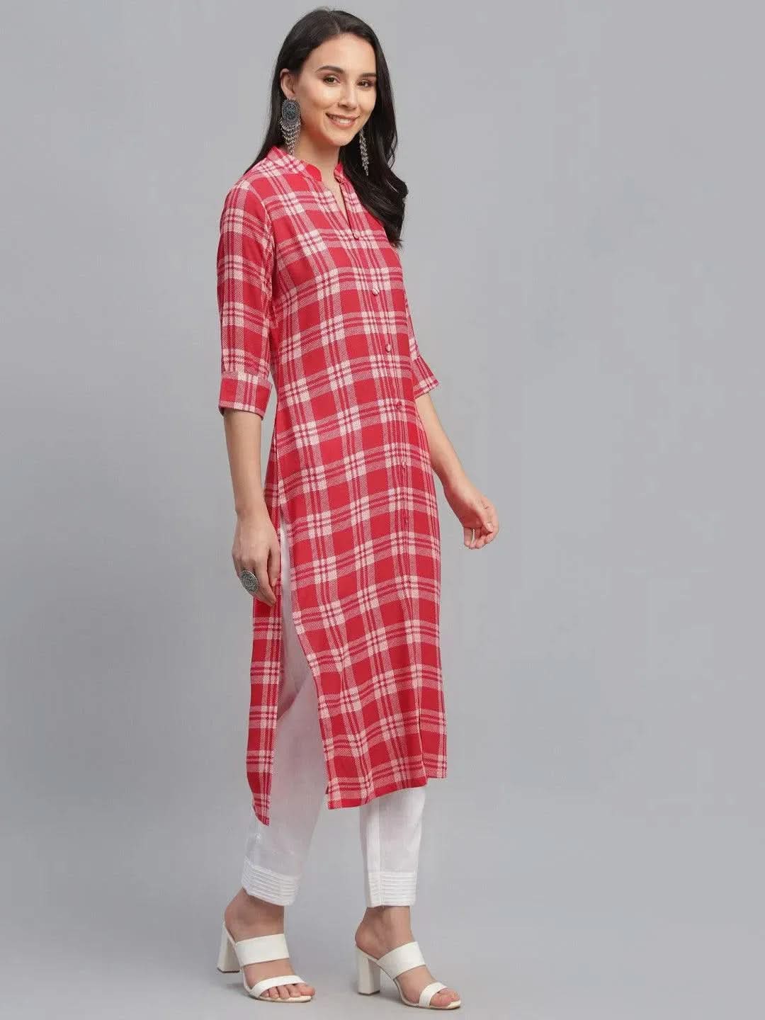 Red Printed Rayon Kurta - Libas