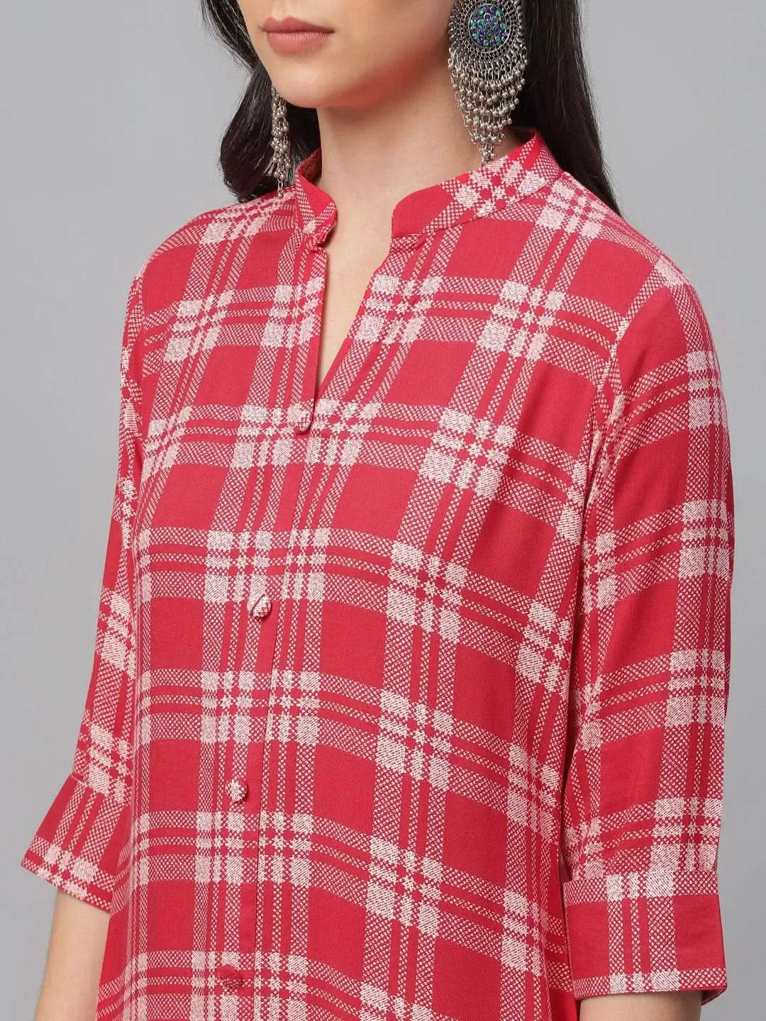 Red Printed Rayon Kurta - Libas