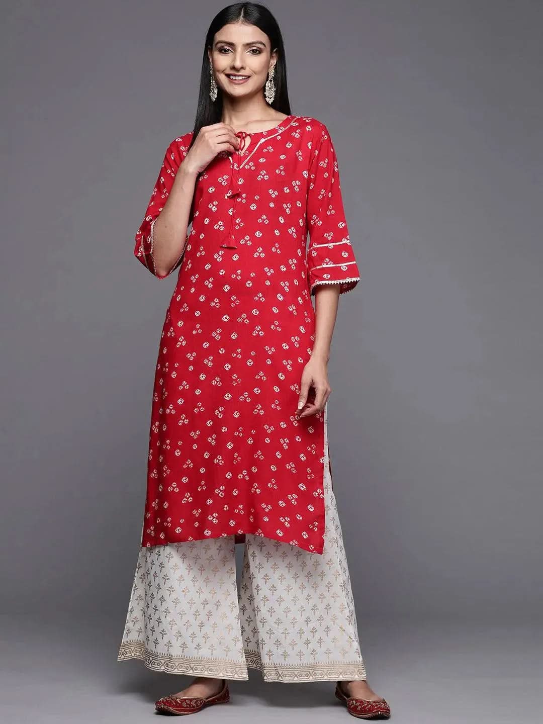 Red Printed Rayon Straight Kurta - Libas