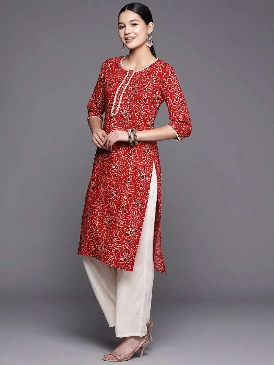Red Printed Rayon Straight Kurta - Libas