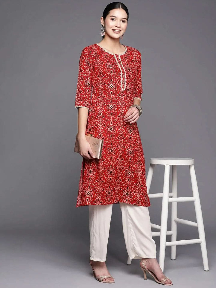 Red Printed Rayon Straight Kurta - Libas