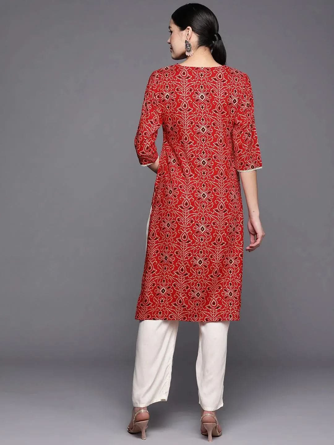 Red Printed Rayon Straight Kurta - Libas