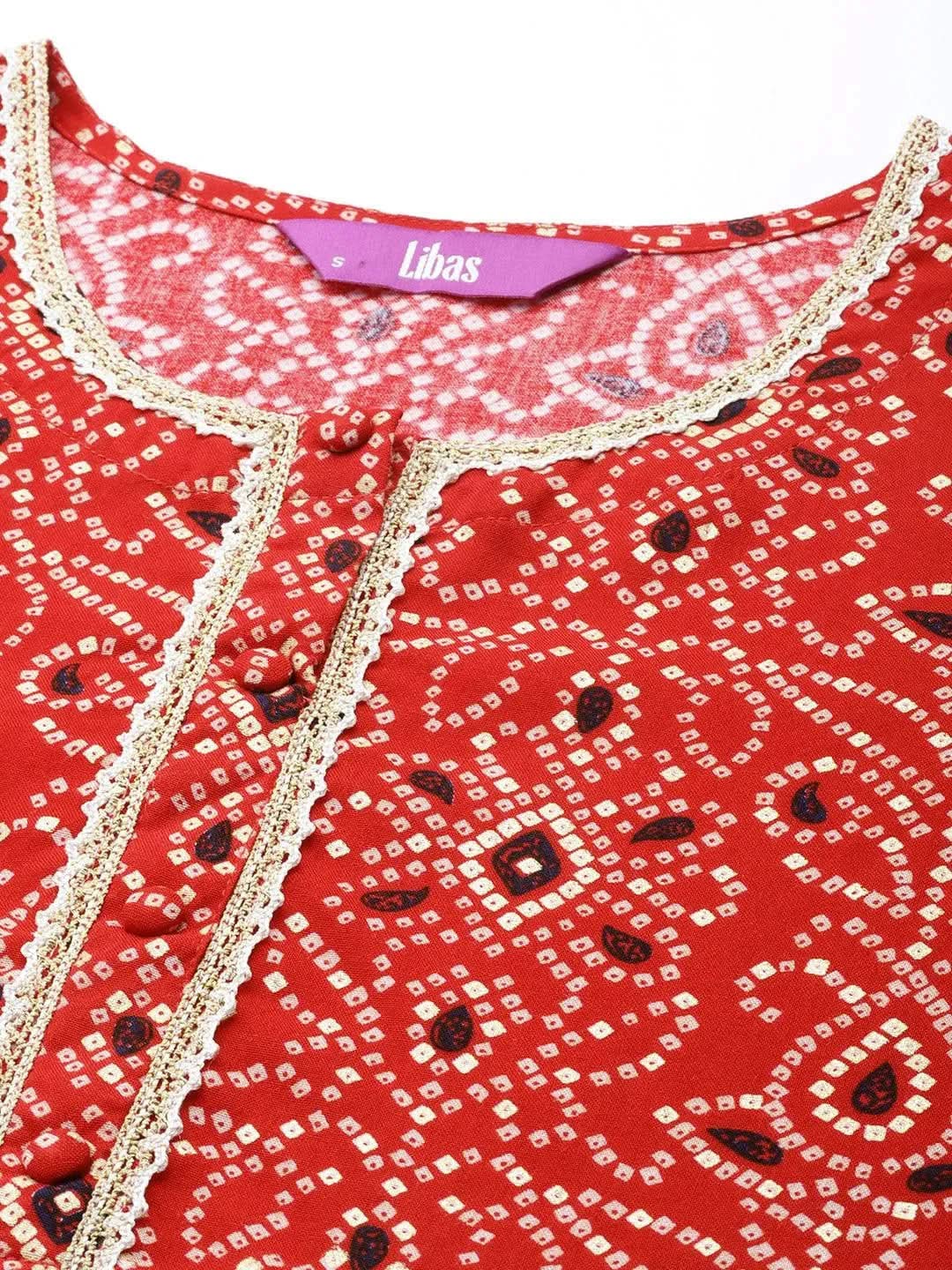 Red Printed Rayon Straight Kurta - Libas