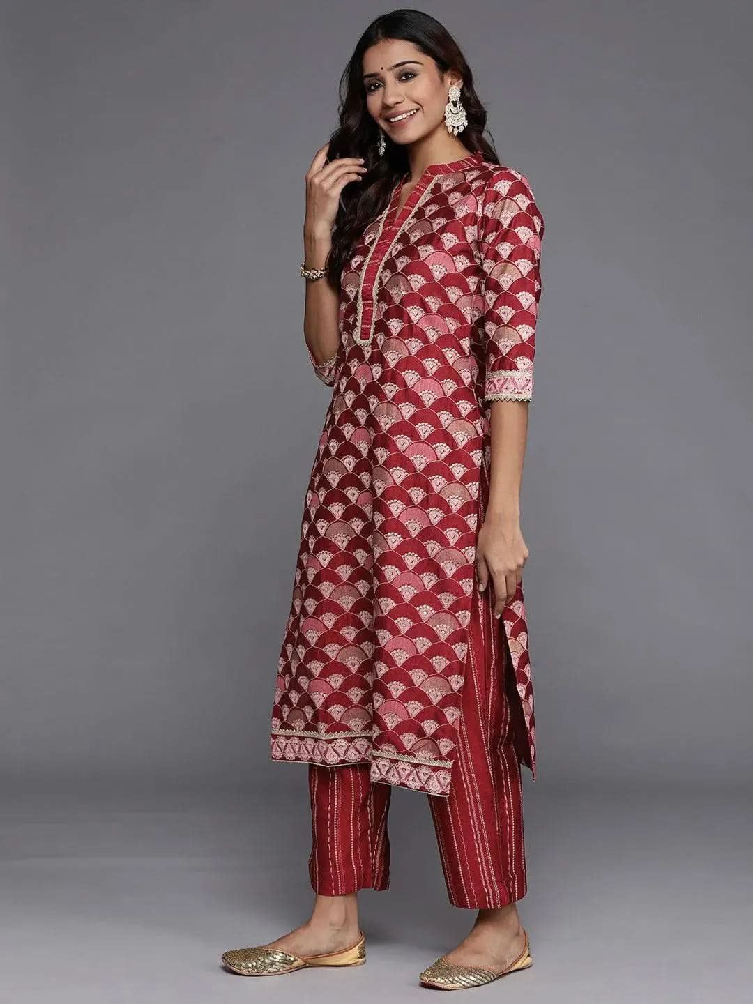 Red Printed Silk Blend Straight Suit Set With Trousers - Libas