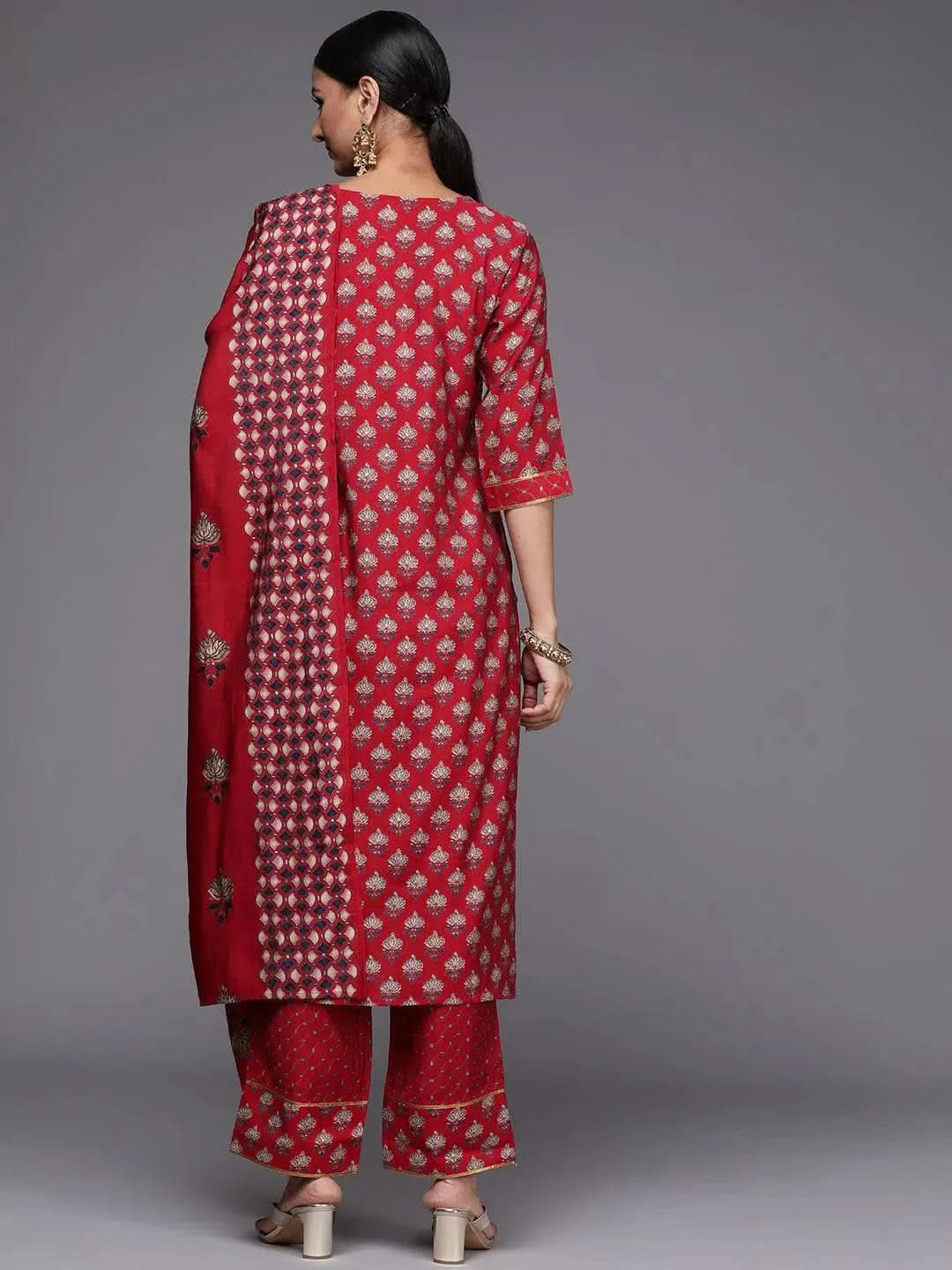 Red Printed Silk Blend Straight Suit Set - Libas