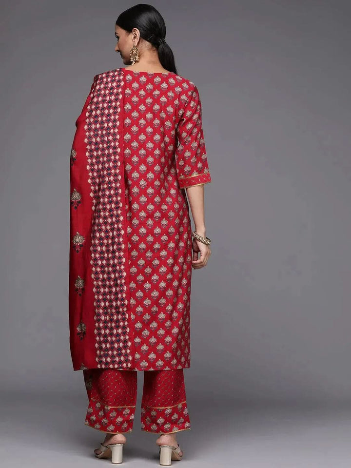 Red Printed Silk Blend Straight Suit Set - Libas